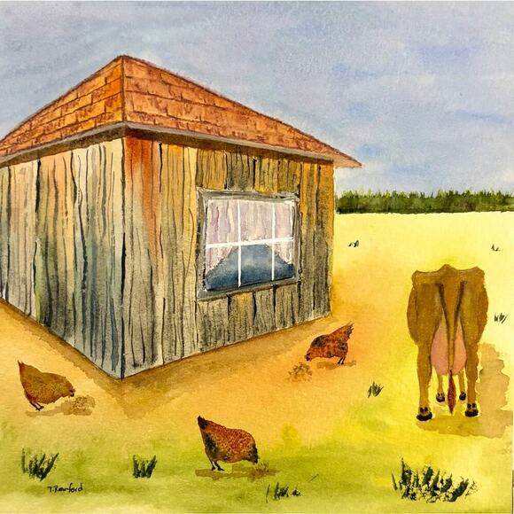 Hand Crafted Other - Hand painted watercolor original painting barn, chickens, cow